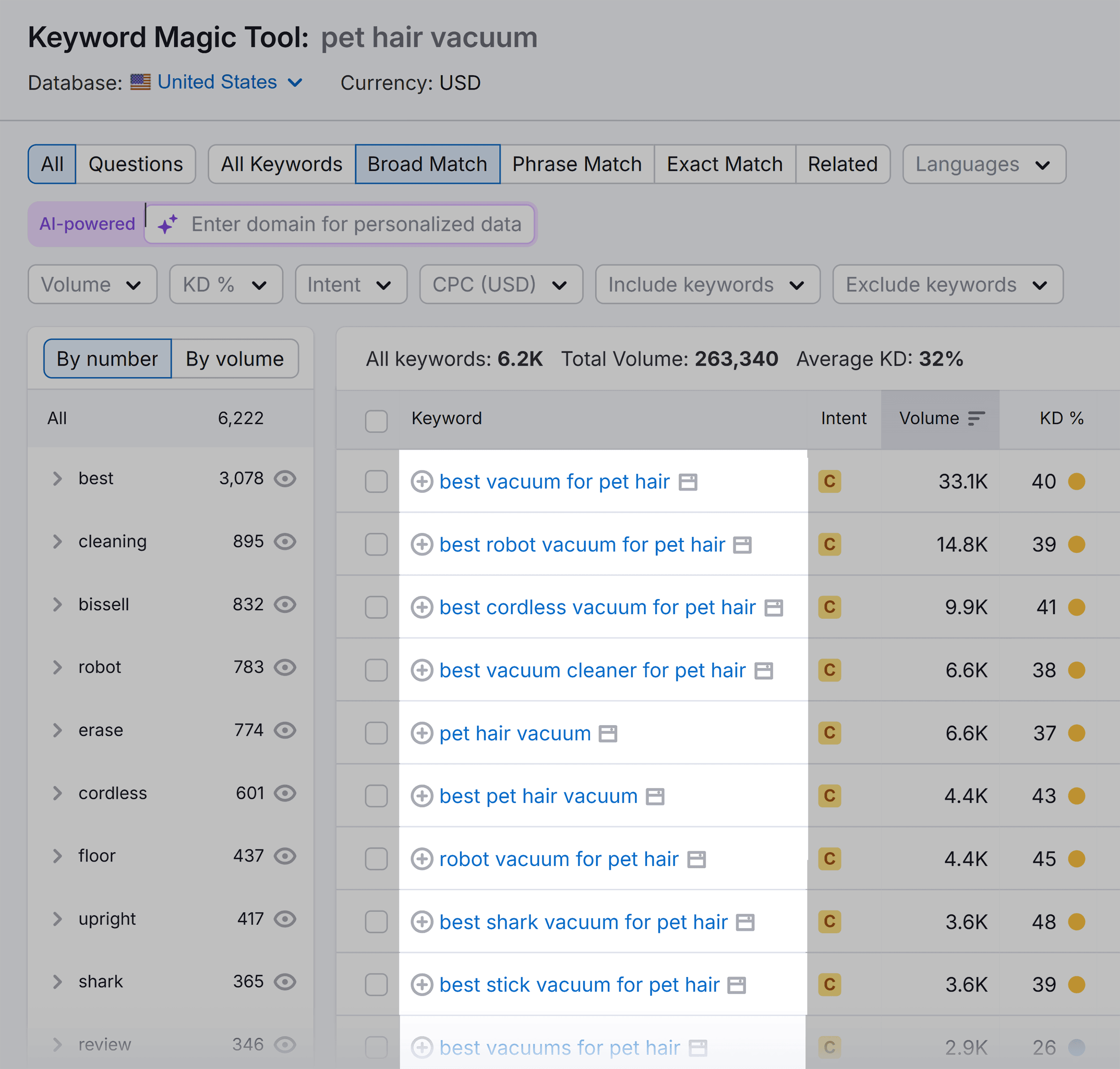 Keyword Magic Tool – Pet hair vacuum – Keywords