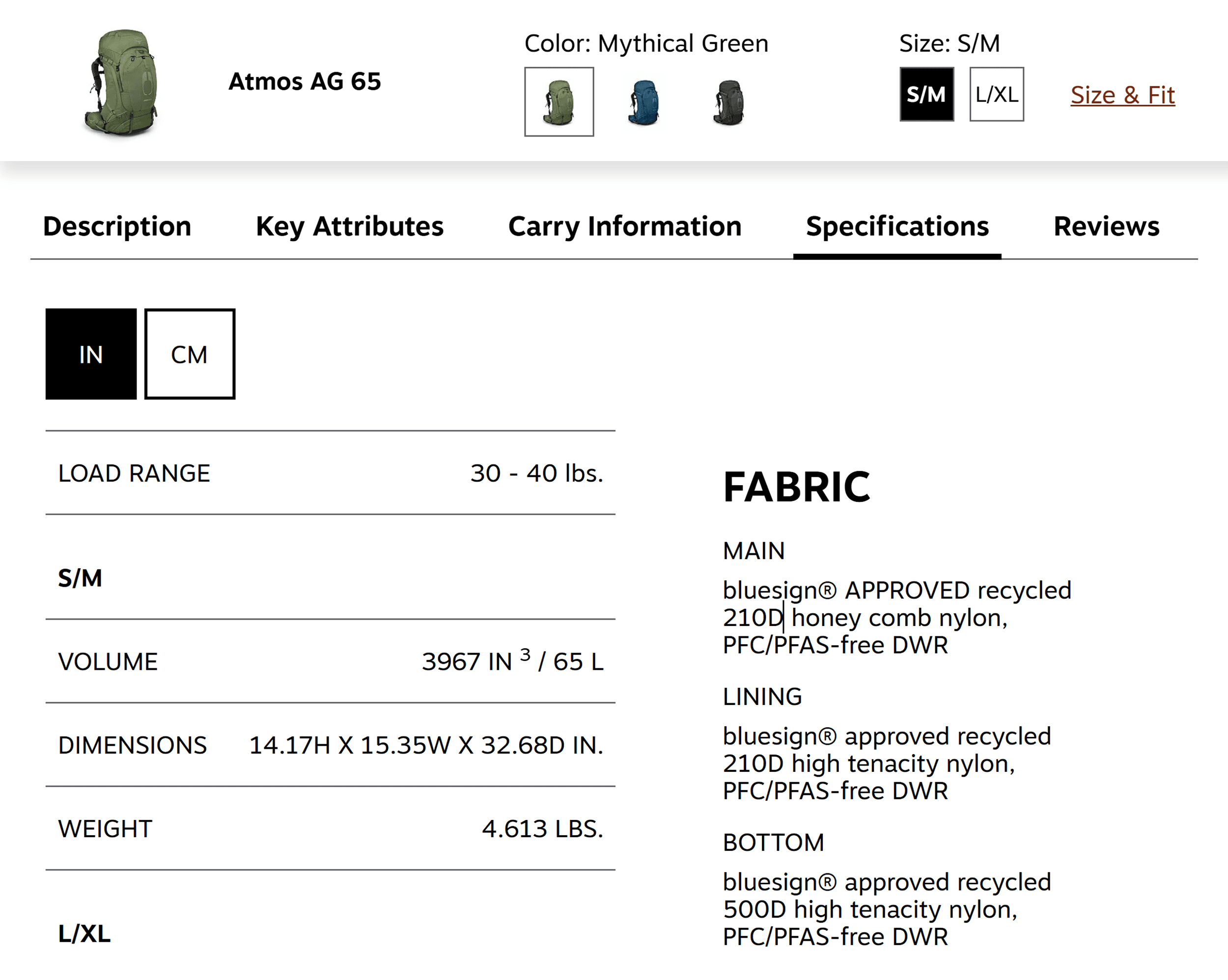 Osprey – Product specifications