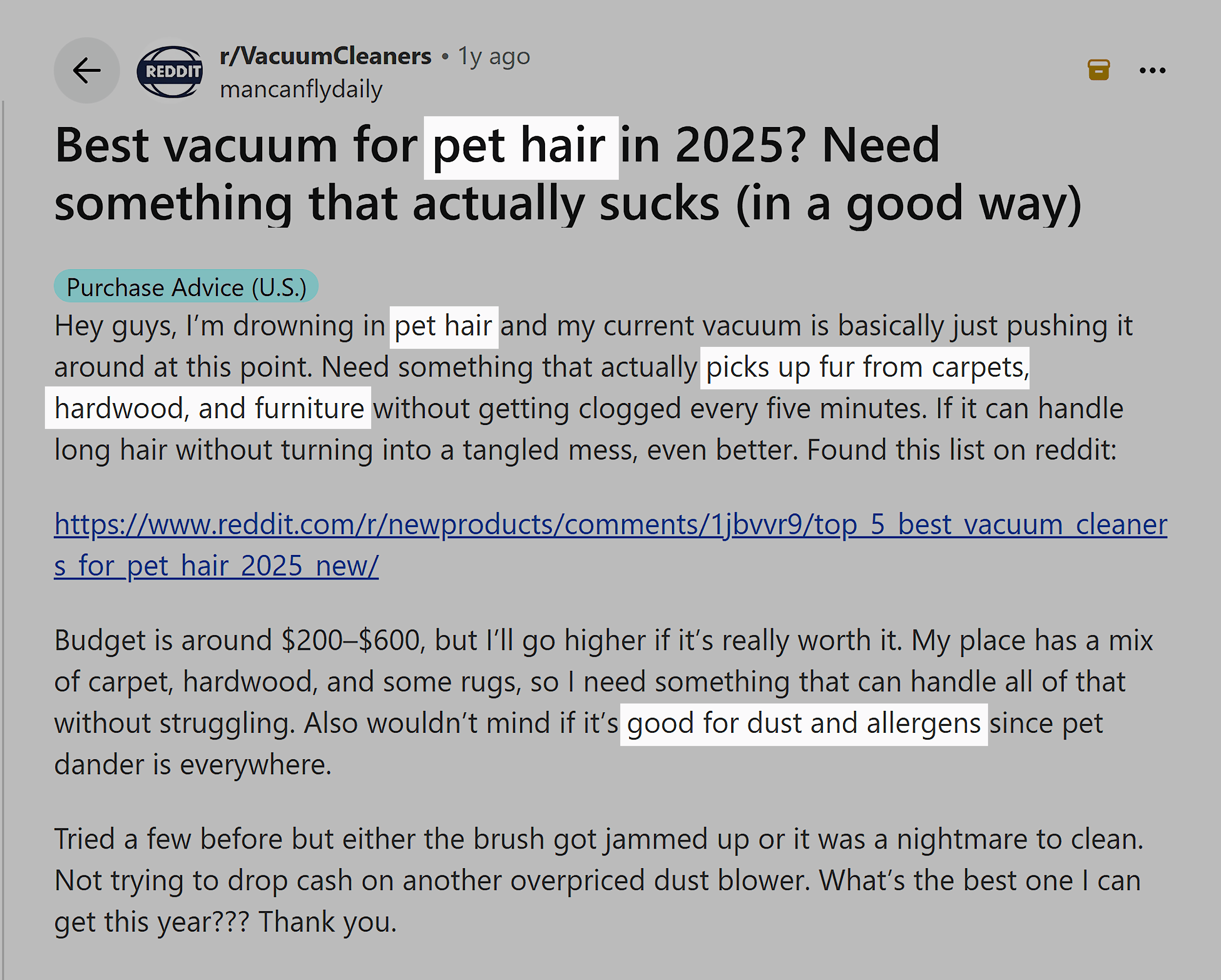 Reddit – Best vacuum for pet hair