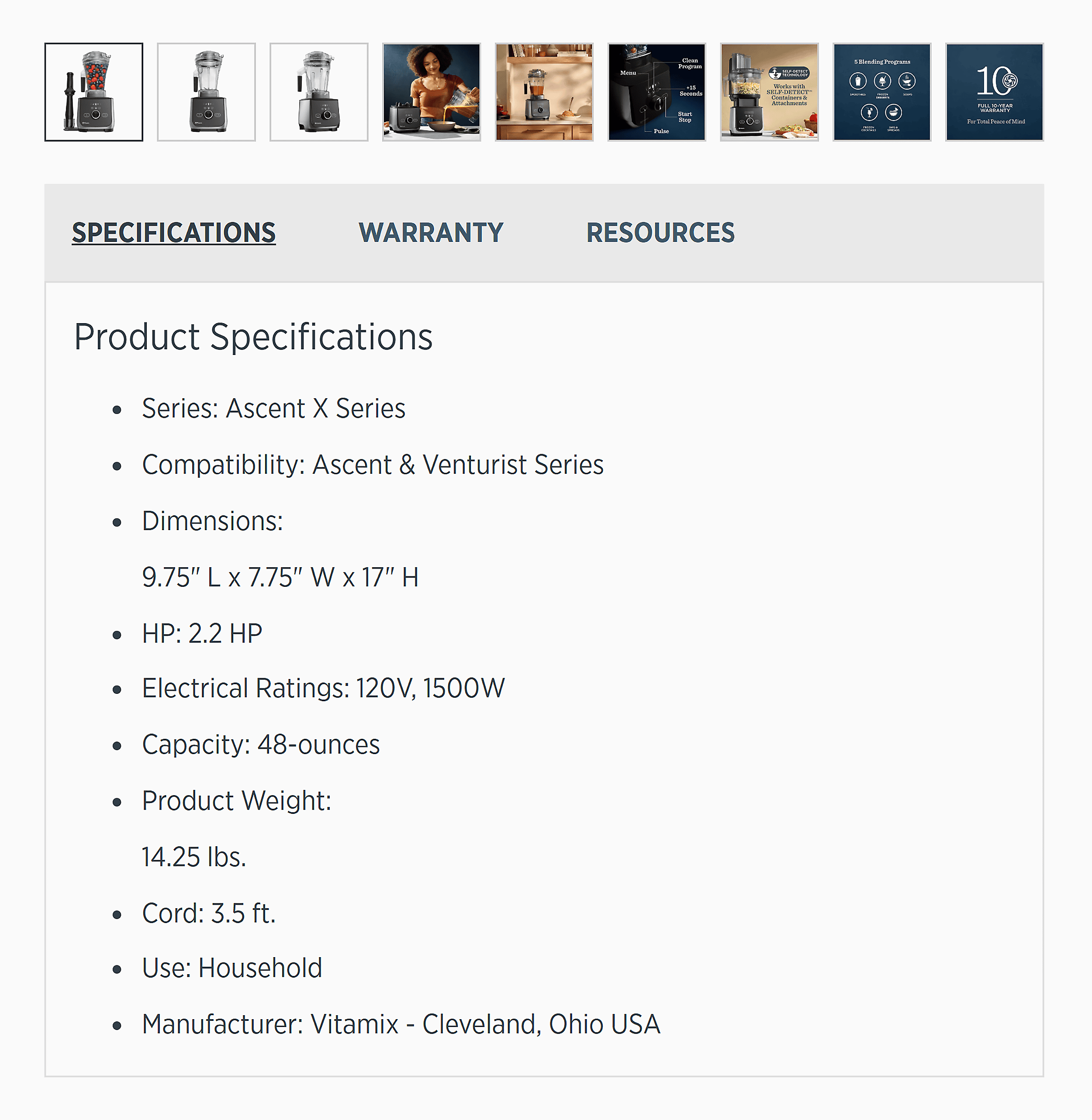 Vitamix – Product specifications