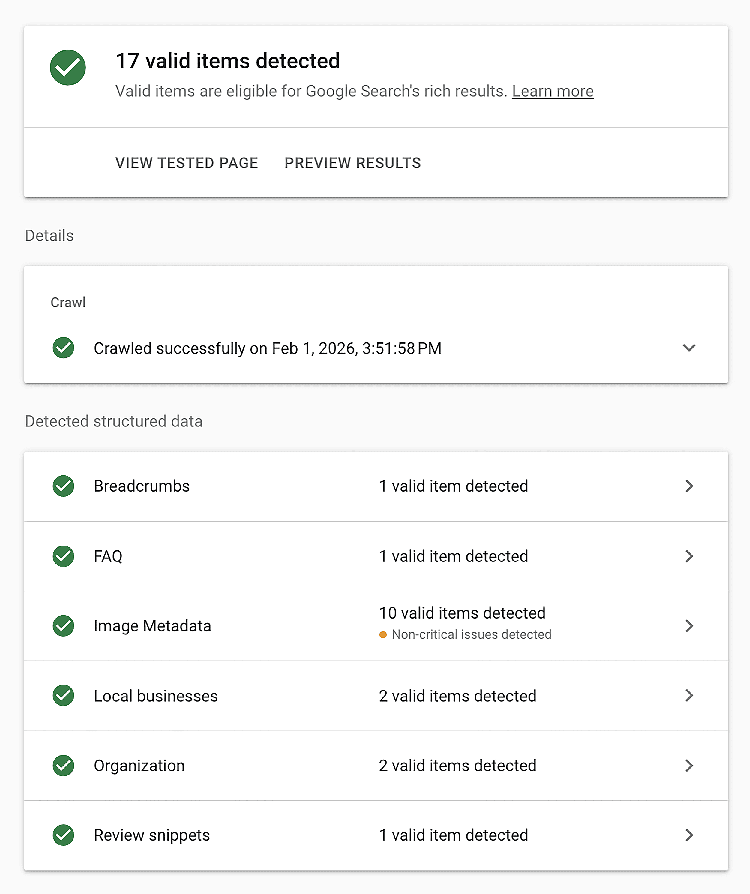 Google – Rich Results Test – Schema items