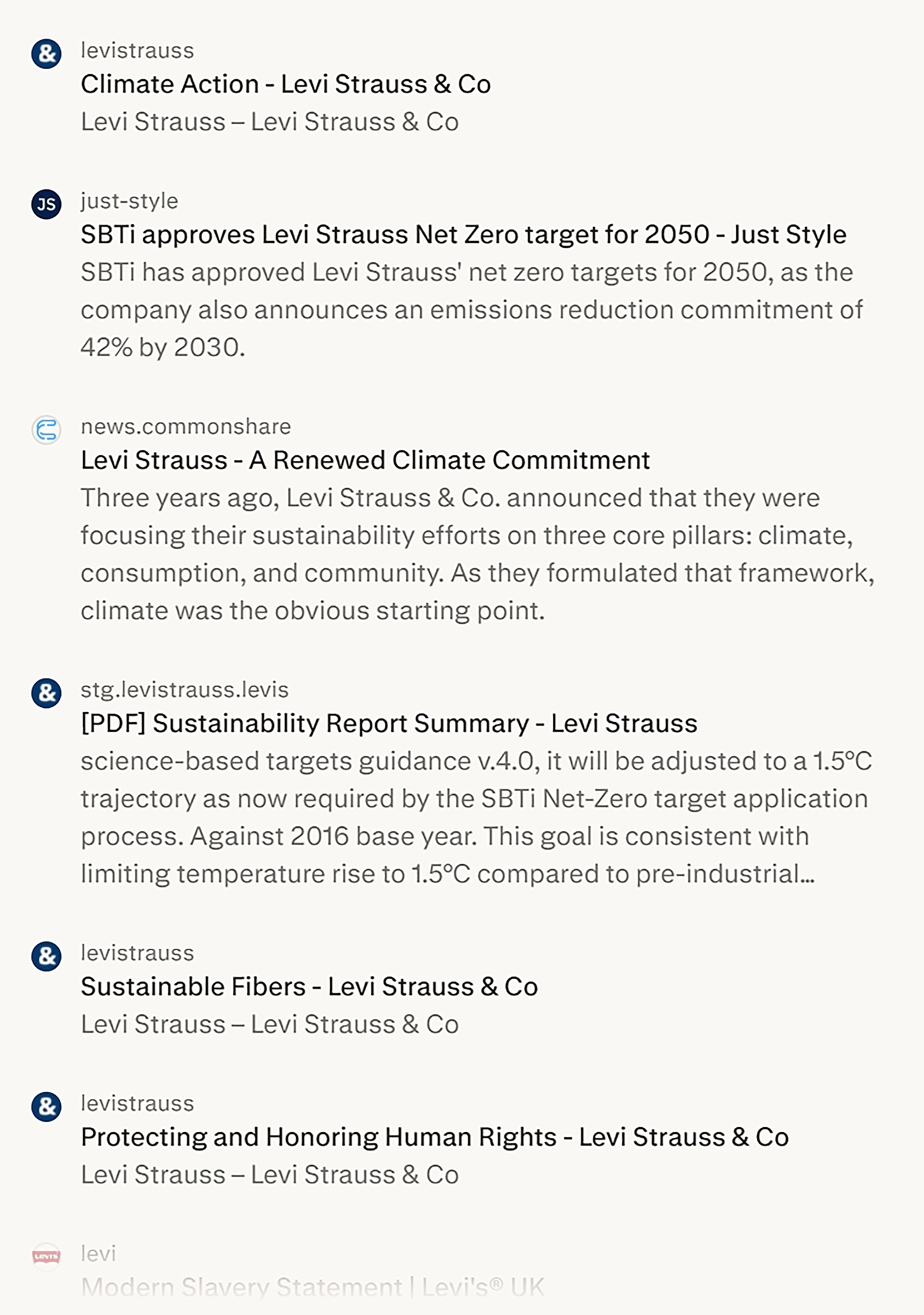 Perplexity – Levis sustainability – Sources
