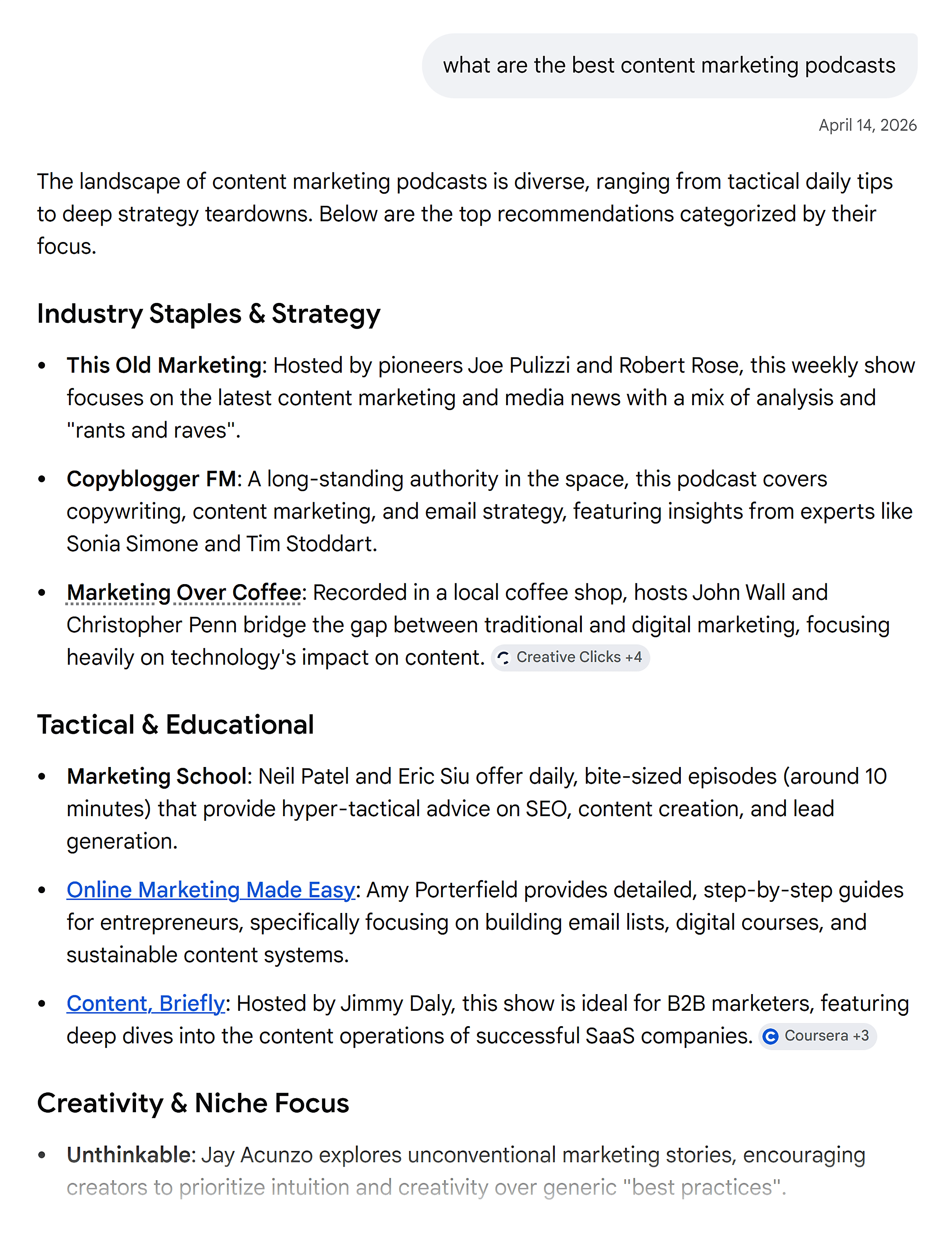 Google AI Mode – Best content marketing podcasts