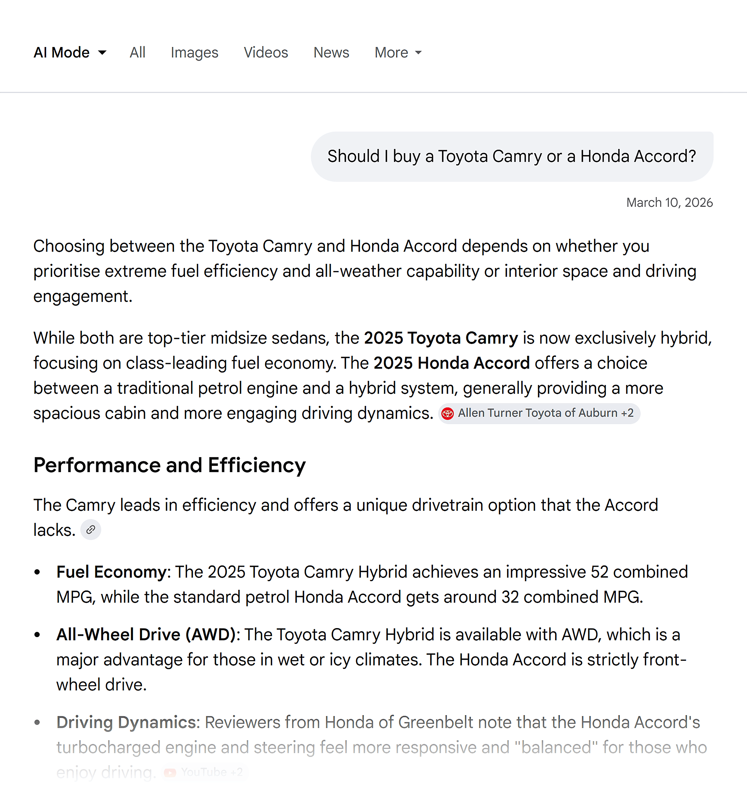 Google AI Mode – Toyota vs Honda