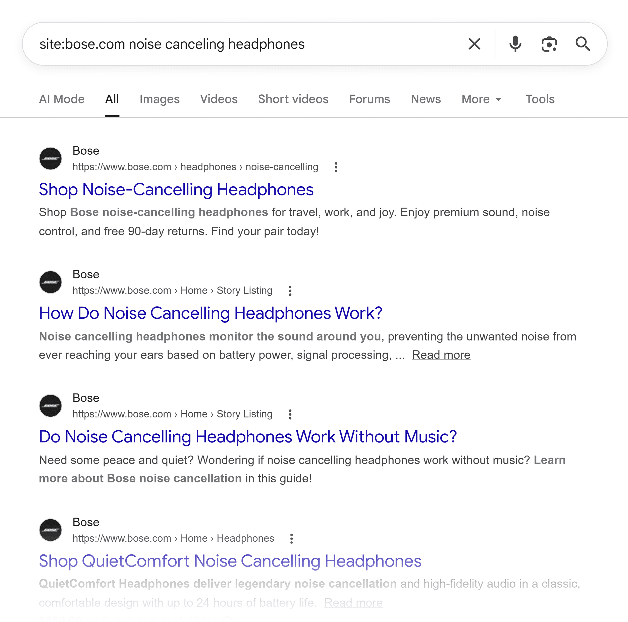 Google SERP – Bose – Noise canceling headphones