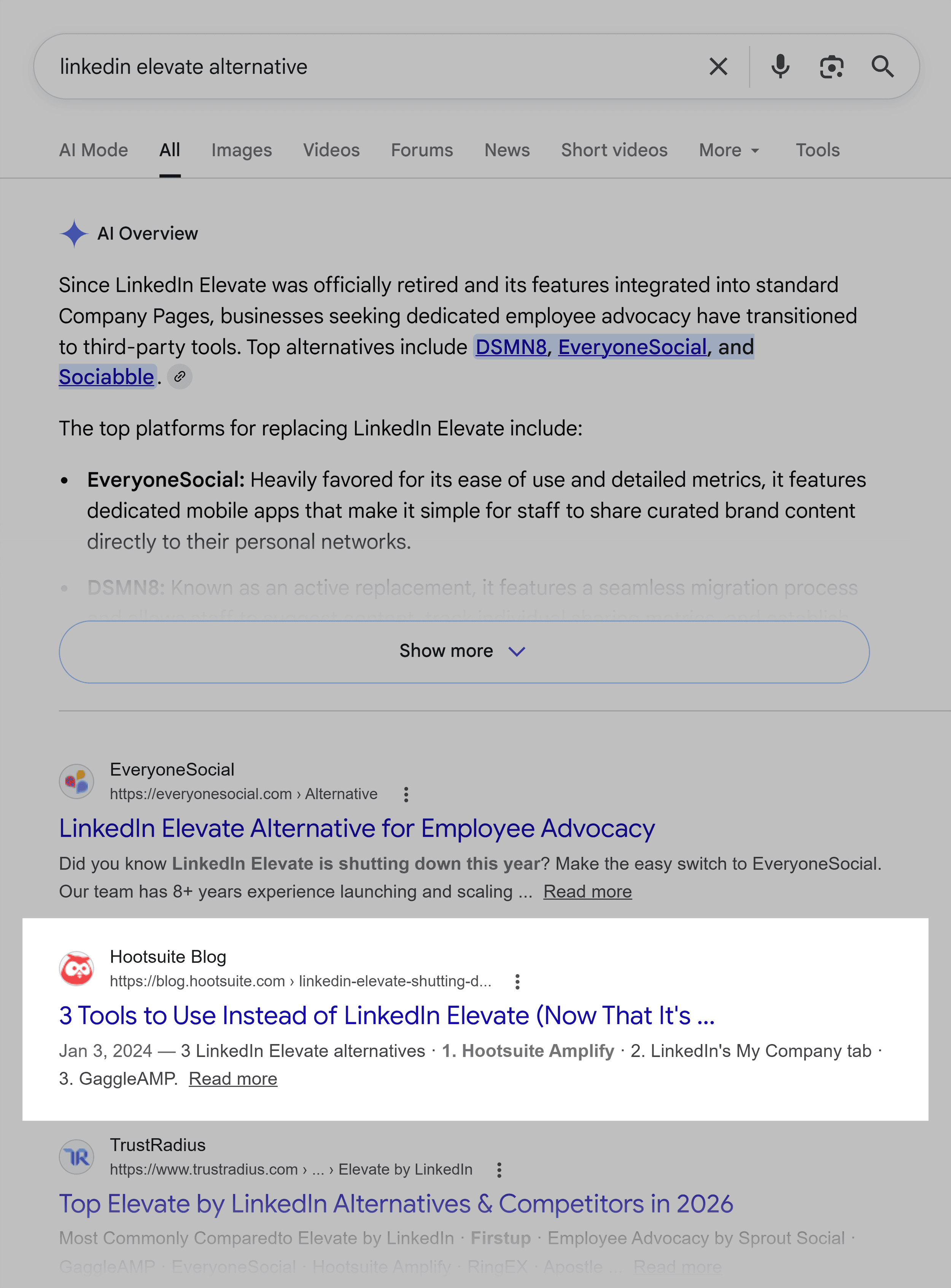 Google SERP – LinkedIn Elevate alternative