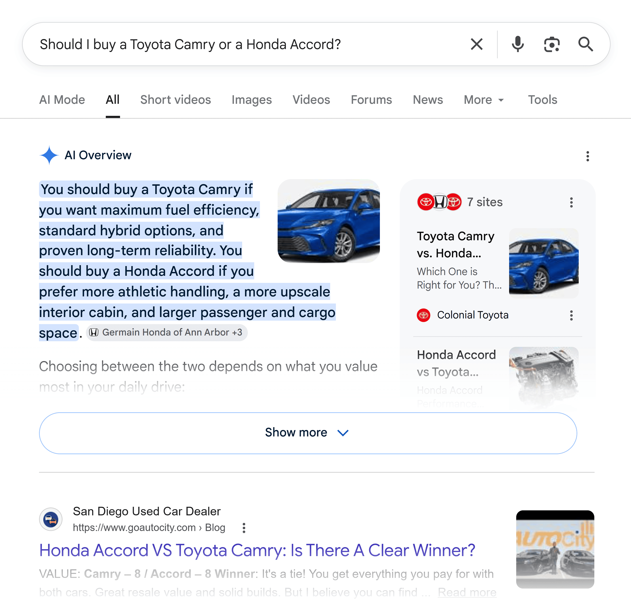 Google SERP – Toyota vs Honda – AI Overview