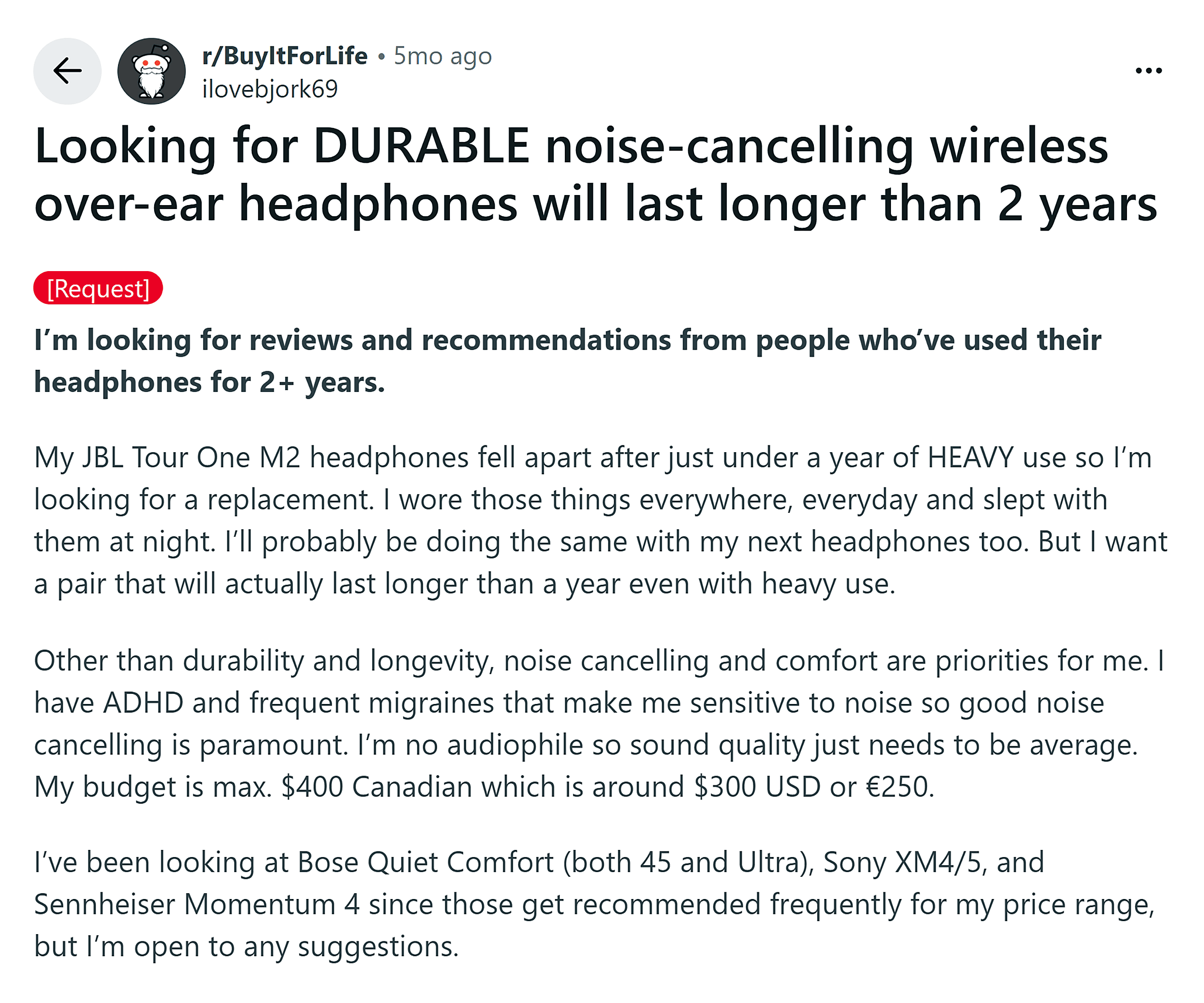 Reddit – Durable noise cancelling headphones