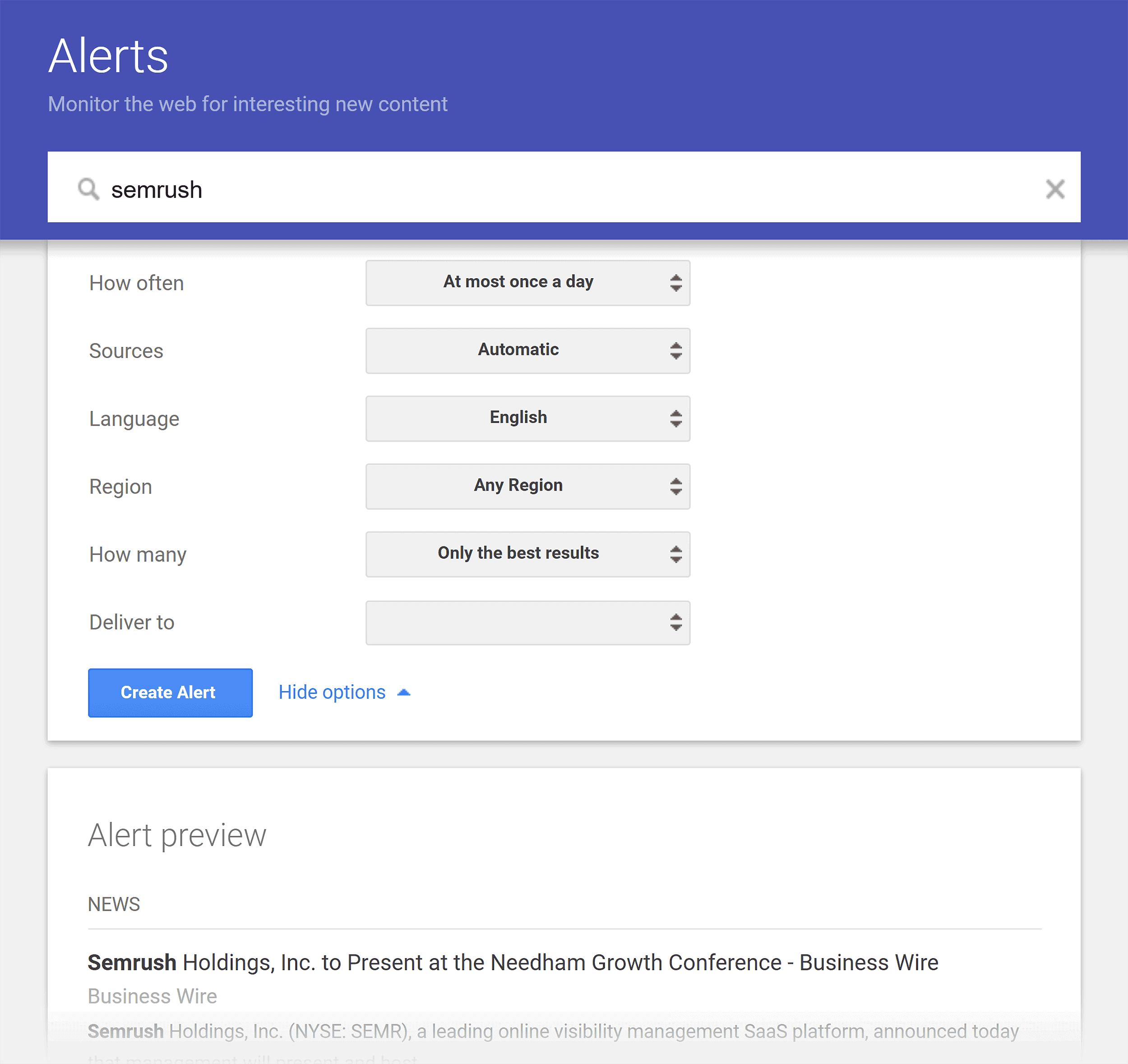 Google Alerts – Semrush – Create alert