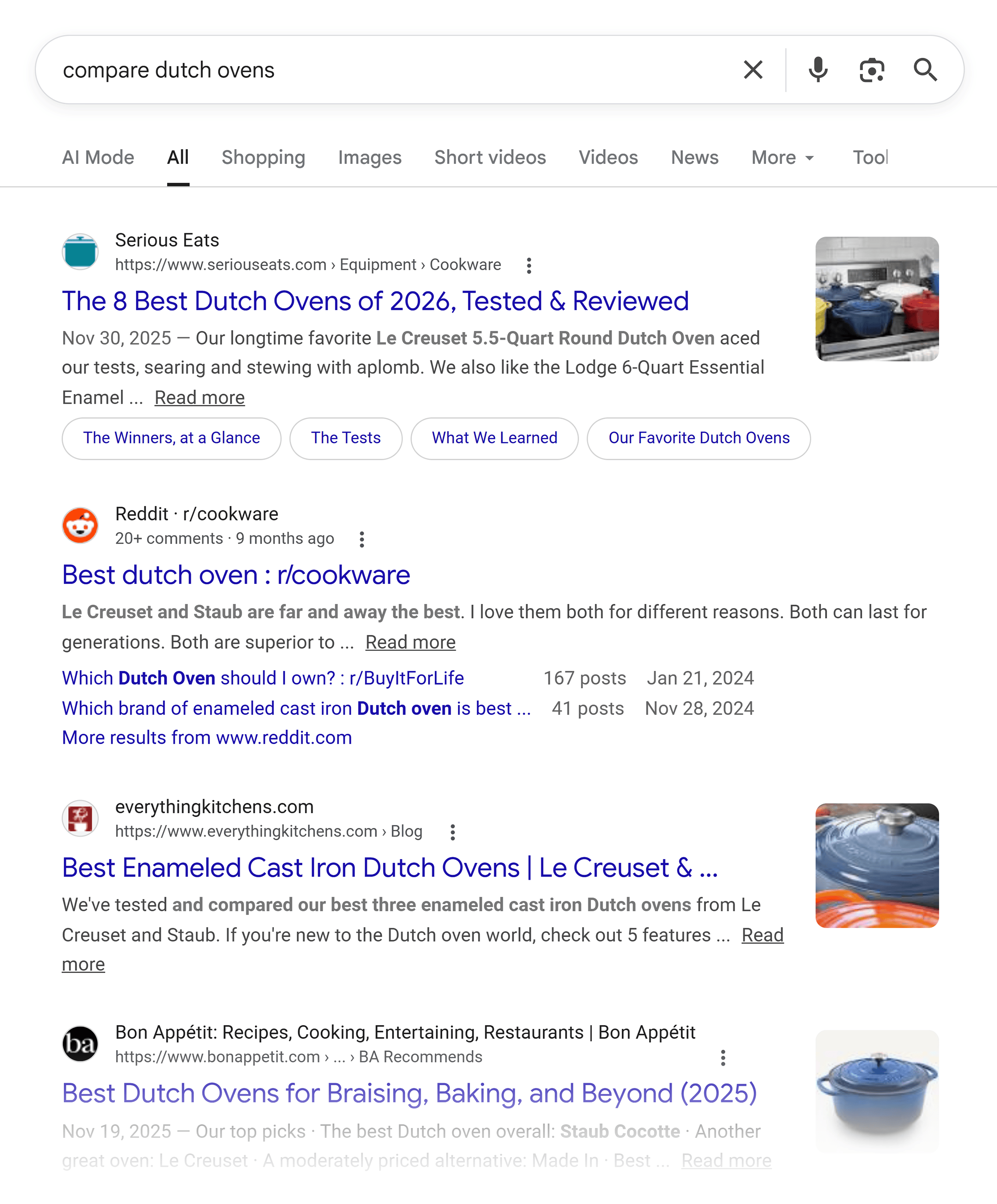Google SERP – Compare Dutch ovens