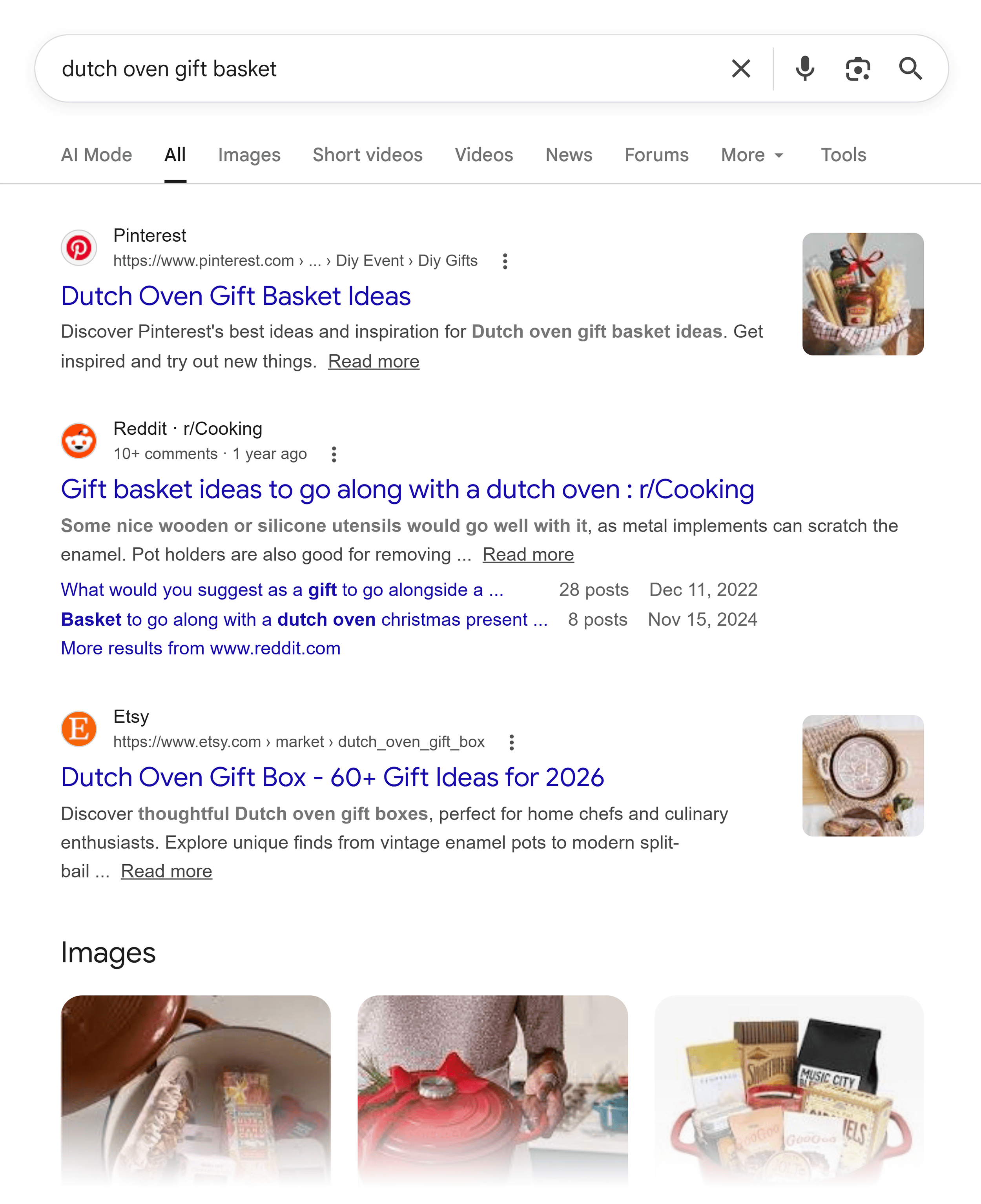 Google SERP – Dutch oven gift basket