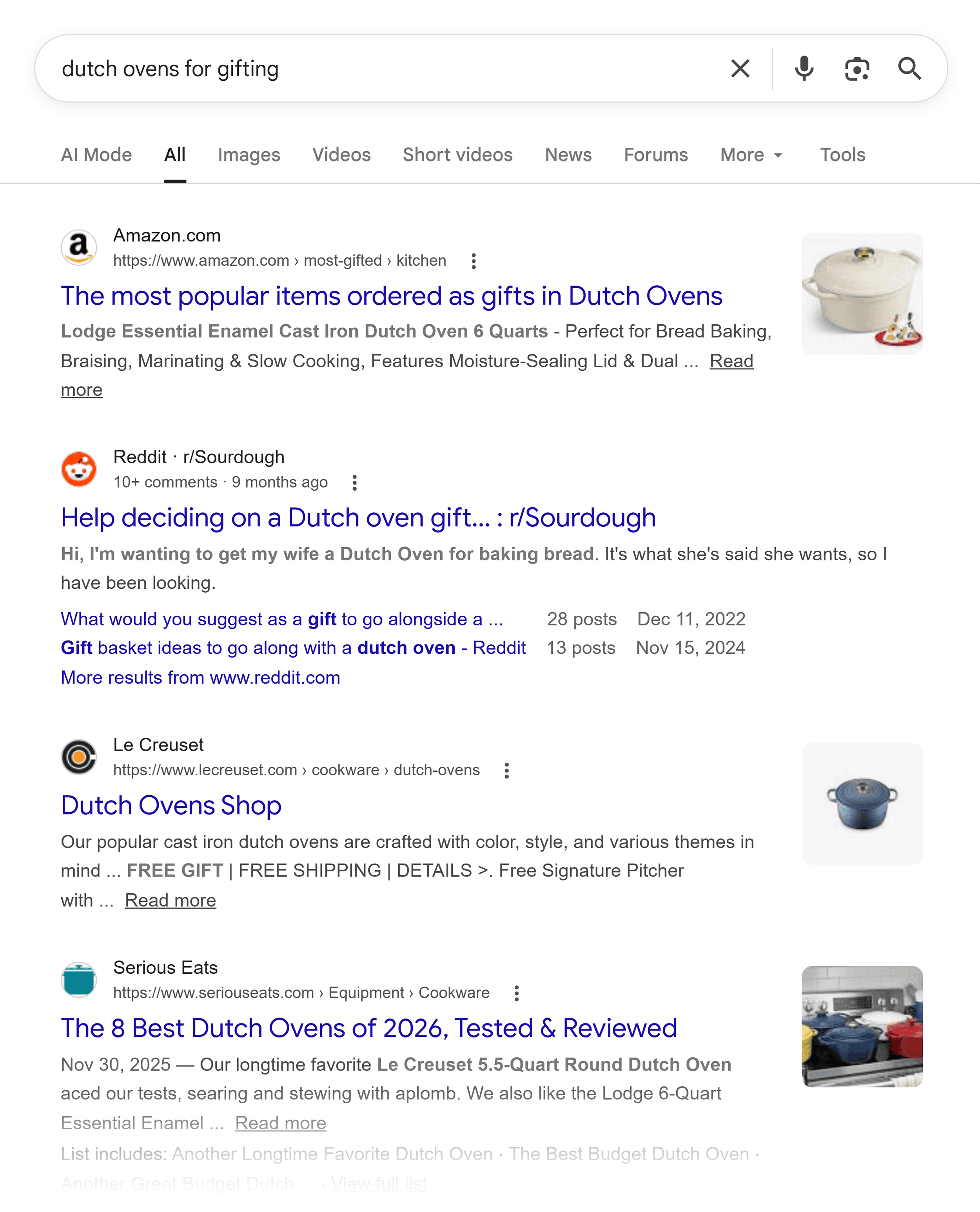 Google SERP – Dutch ovens for gifting