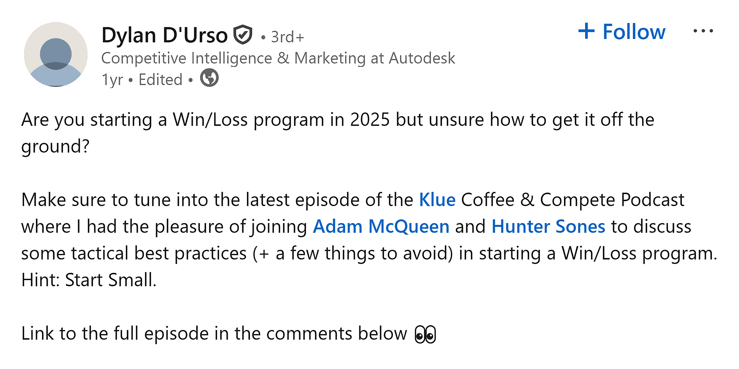 LinkedIn – Dylan D'Urso post
