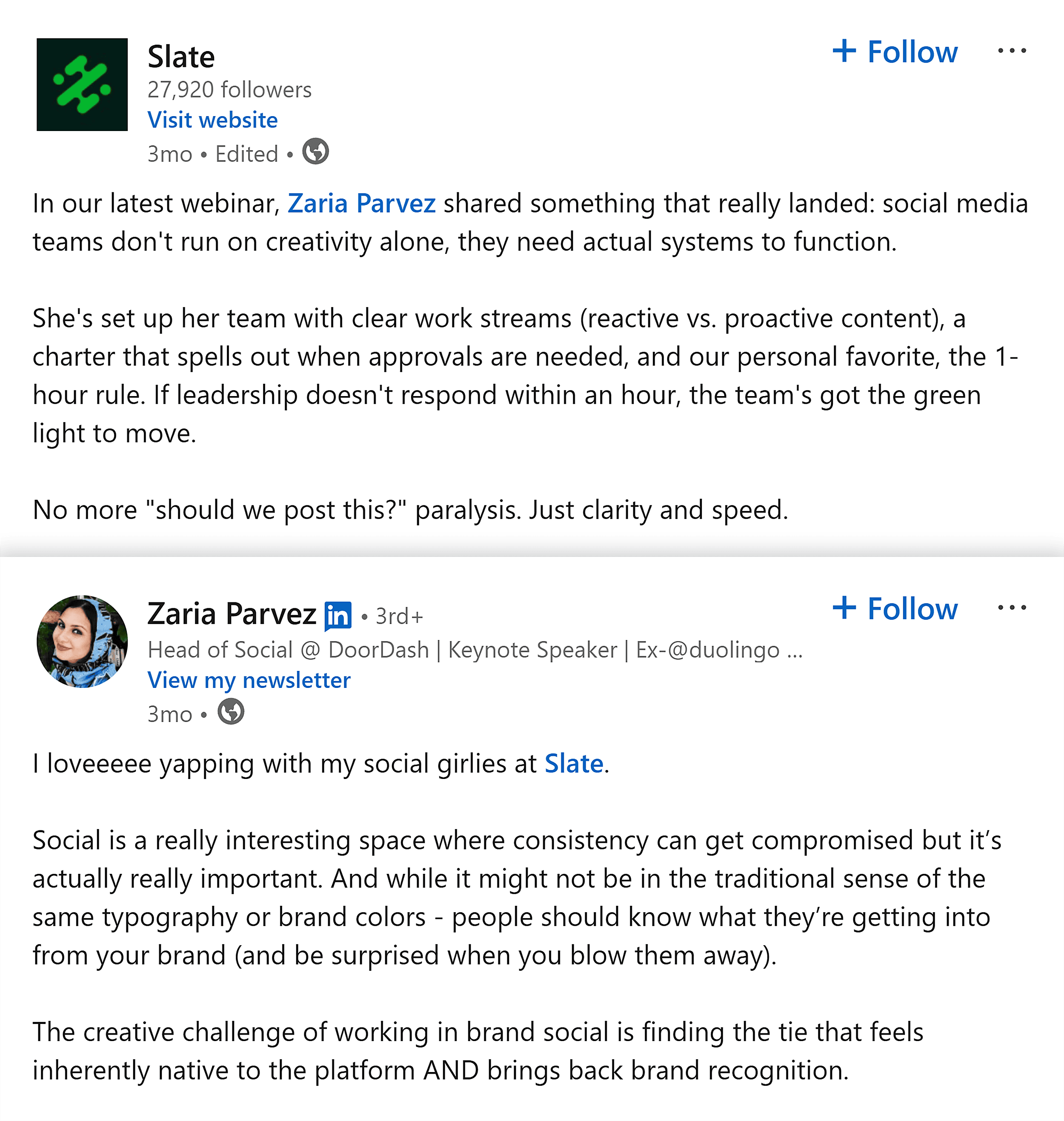LinkedIn – Zaria Parvez & Slate collaboration