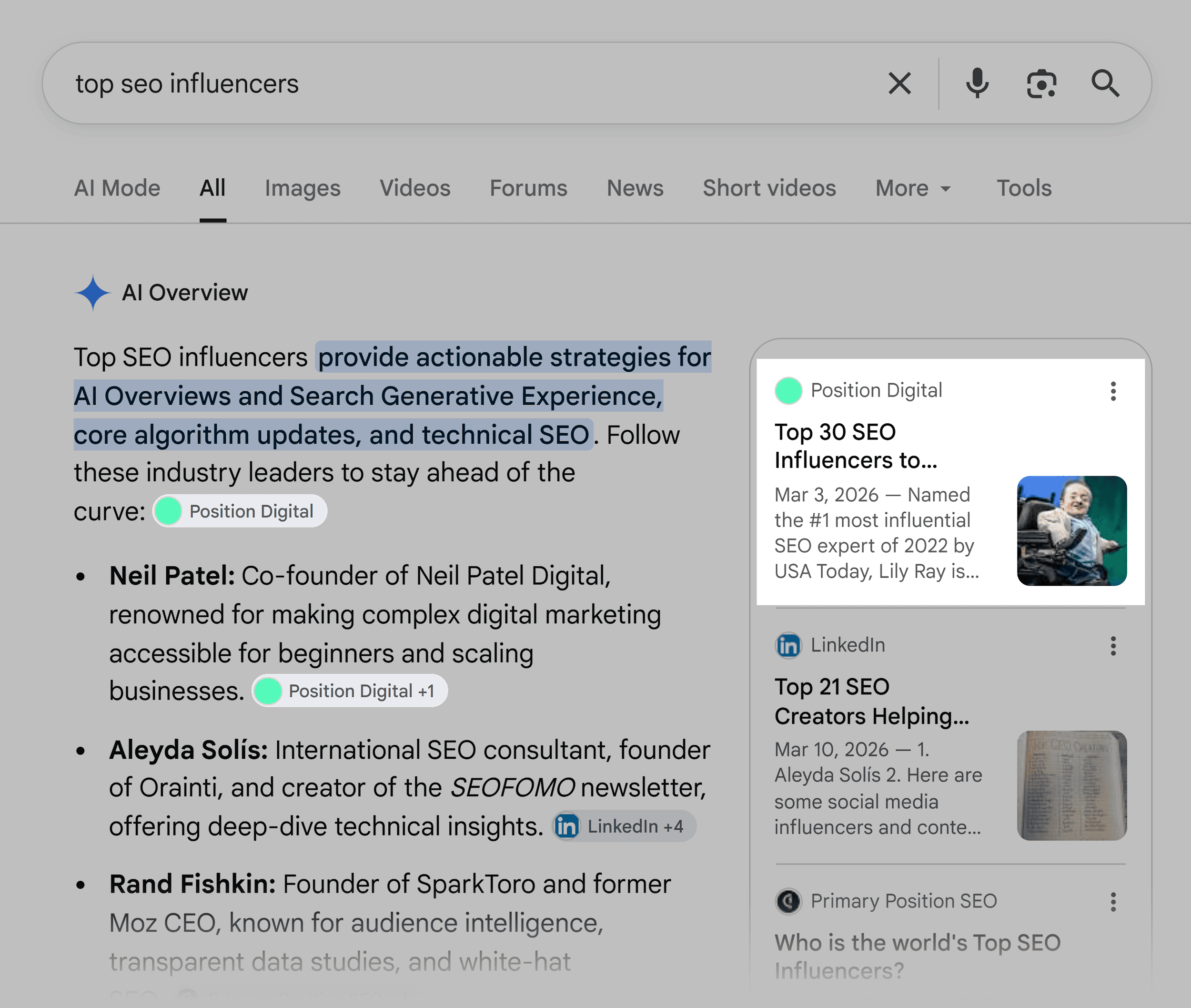 Google SERP – Top SEO influencers – AI Overview Google SERP – Top SEO influencers – AI Overview