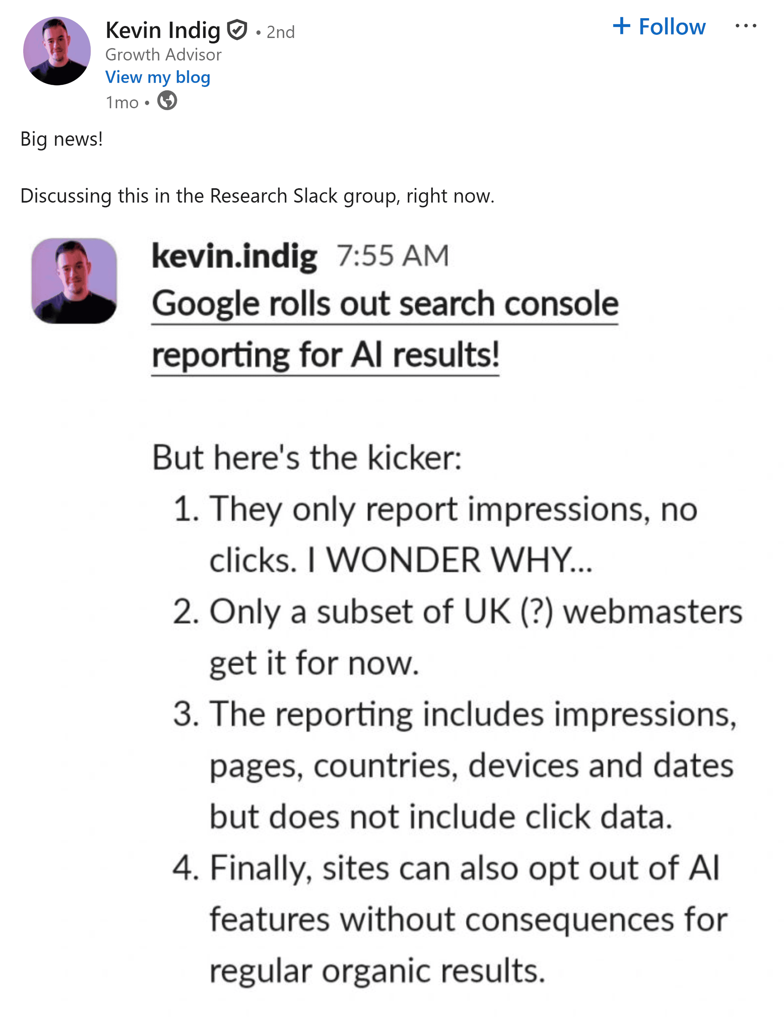 LinkedIn – Kevin Indig post LinkedIn – Kevin Indig post